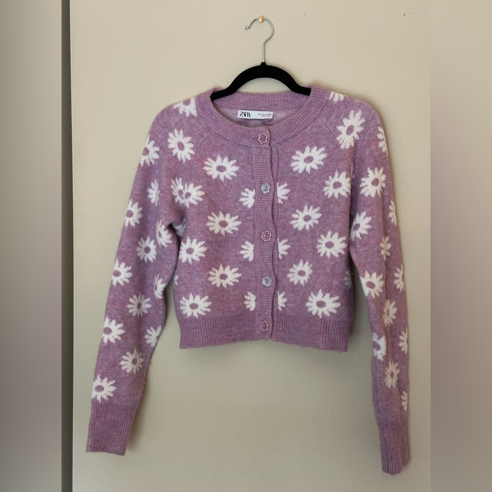 Zara Lilac Floral Button-Front Cardigan Sweater